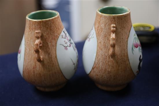 A pair of Chinese faux wood famille rose vases, hu, Qianlong mark, Republic period, H. 15.5cm